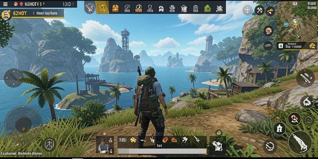 Screenshot memperlihatkan pemain menjelajahi dunia terbuka yang indah di 62HOT.