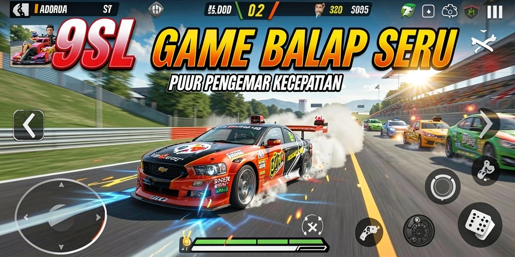 Screenshot gameplay 9SL menampilkan aksi balap yang mendebarkan.