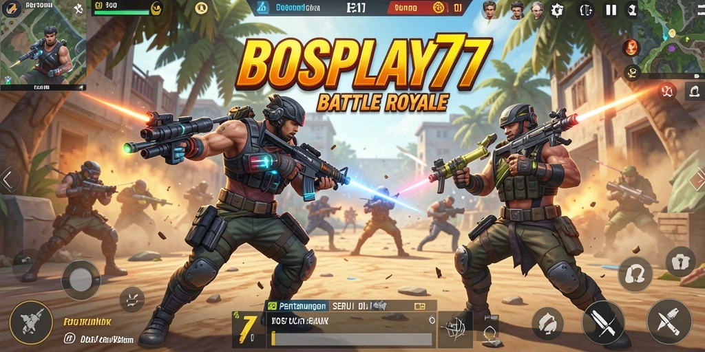 Screenshot gameplay BOSPLAY77 dalam pertempuran sengit di arena Battle Royale.