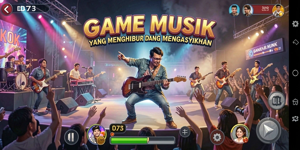 Tampilan gameplay D73 yang seru dan interaktif dengan musik.