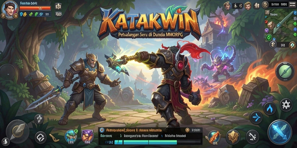 Screenshot gameplay KATAKWIN menampilkan pertempuran seru di dunia fantasi.