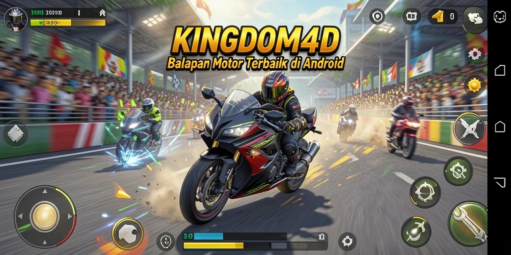 Screenshot KINGDOM4D menampilkan aksi balapan motor yang mendebarkan.
