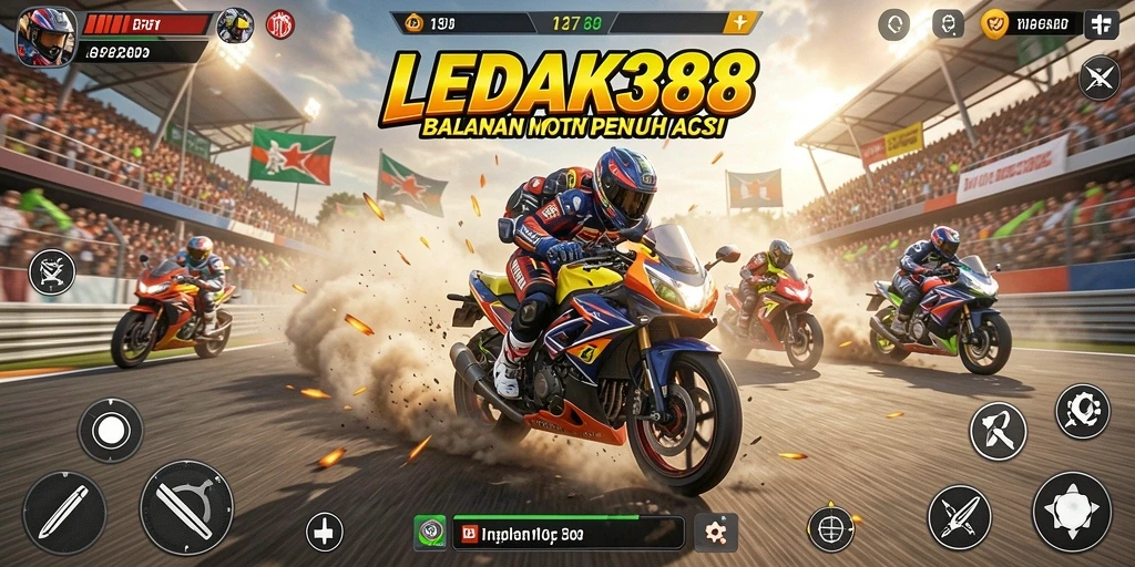 Screenshot utama LEDAK388 menampilkan gameplay balapan motor yang intens.