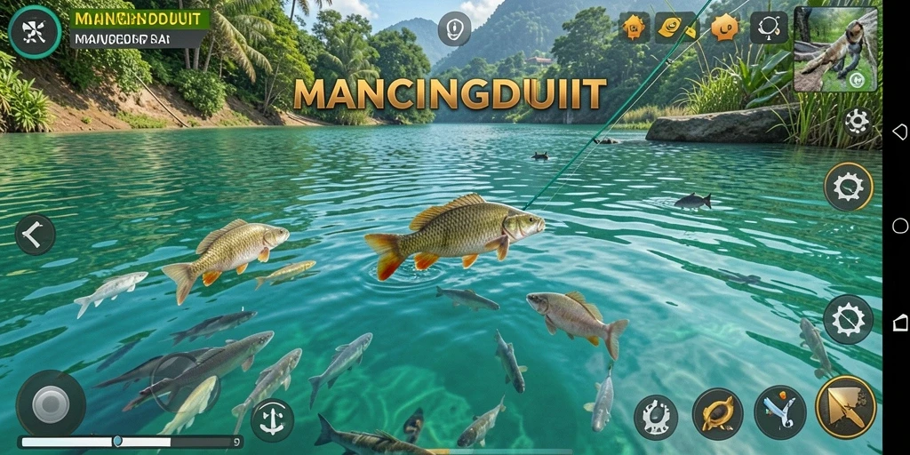 Tampilan gameplay seru di MANCINGDUIT dengan berbagai ikan warna-warni.