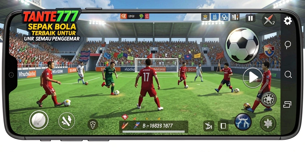 Tampilan utama gameplay TANTE777 dengan aksi sepak bola yang mendebarkan.